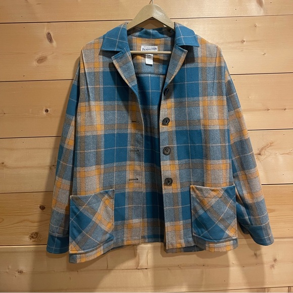 Pendleton Tops - PENDLETON Heritage 49'er Shirt Jacket, M, Blue/Orange Plaid, Wool, Pockets